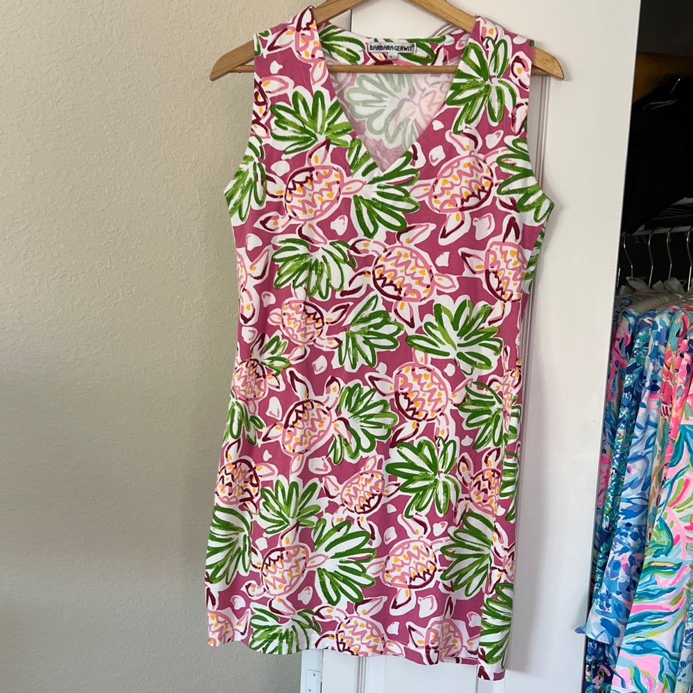 Barbara Gerwit Floral Pink and Green Turtle Midi Dress